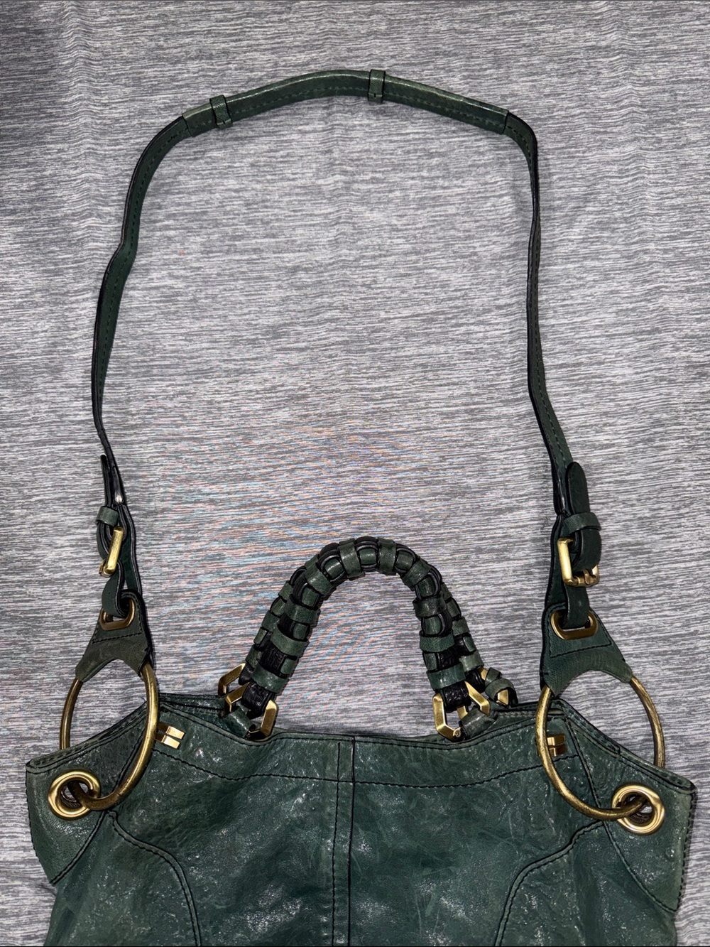 orYANY Dark Green Leather Shoulder Bag with Braided Handle and Brass Hardware - Picture 2 of 7